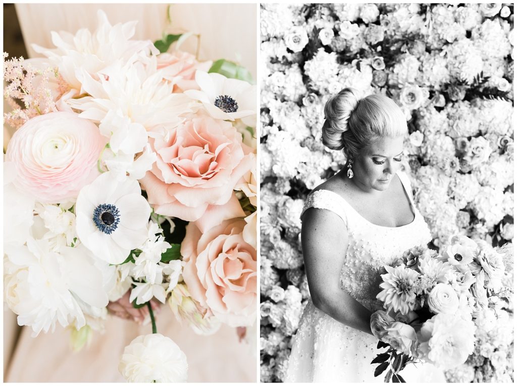 The bride looks down at her bouquet of muted tone florals.