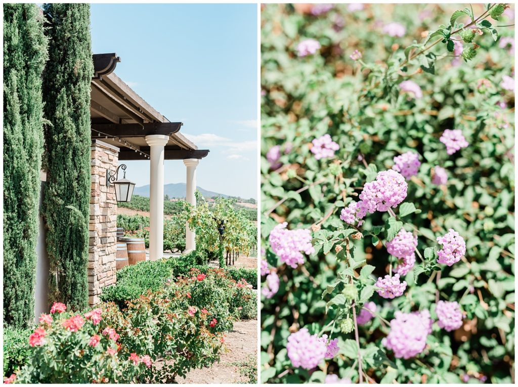 Garden and architectural details of Avensole Winery wedding venue in Temecula, California.