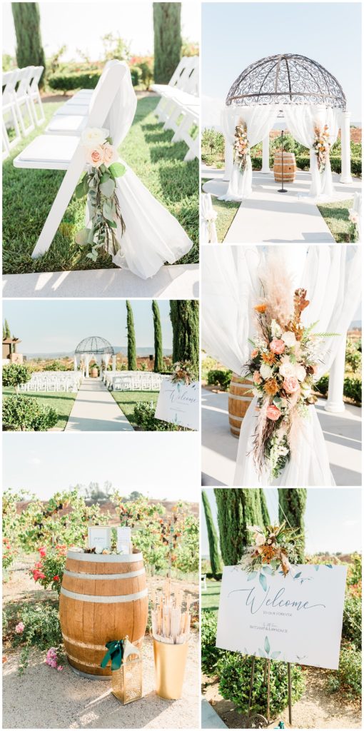 Elegant outdoor ceremony space overlooking vineyards in Temecula, California at Avensole Winery wedding venue.