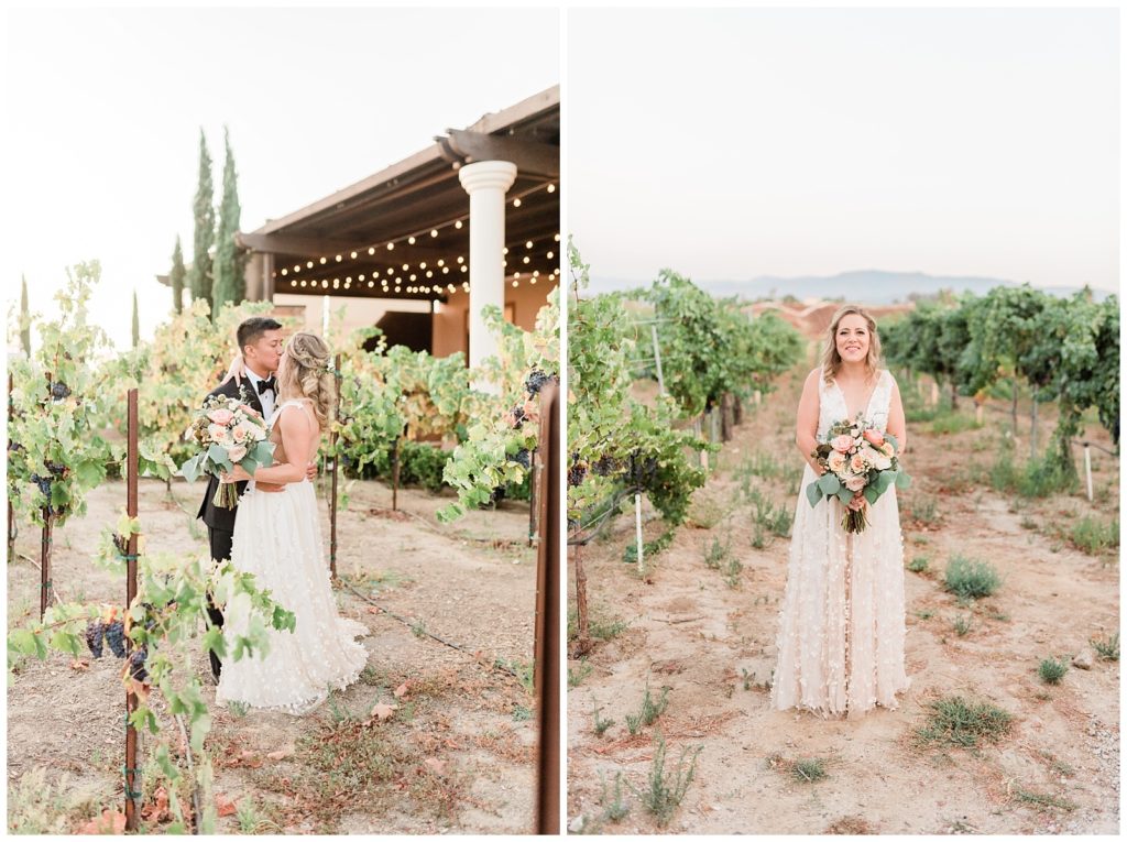 A bride and groom pose in a vineyard at Avensole Winery in Temecula, California.
