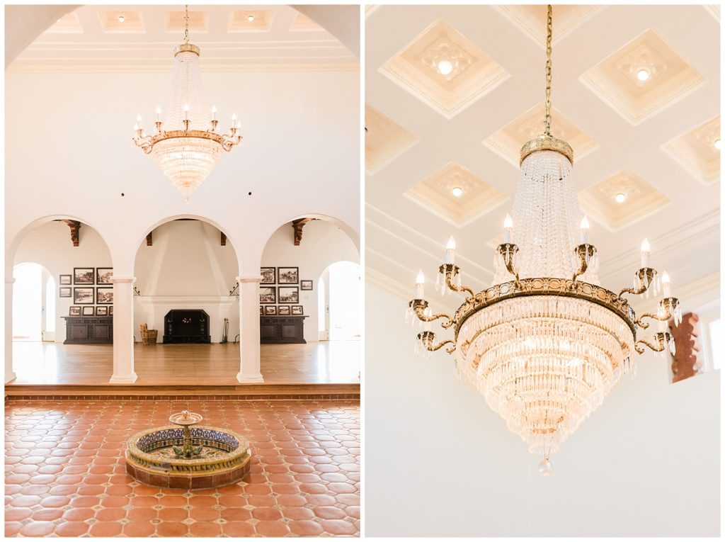 The glittering chandelier hangs above the center of the dance floor in the Main Salon at Casa Romantica wedding venue in Southern California.