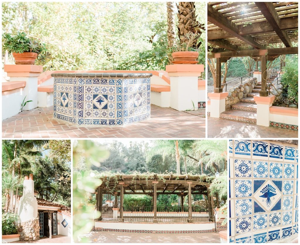 Details outside of the bridal suite at Rancho Las Lomas, including blue and white tile designs and a pergola.