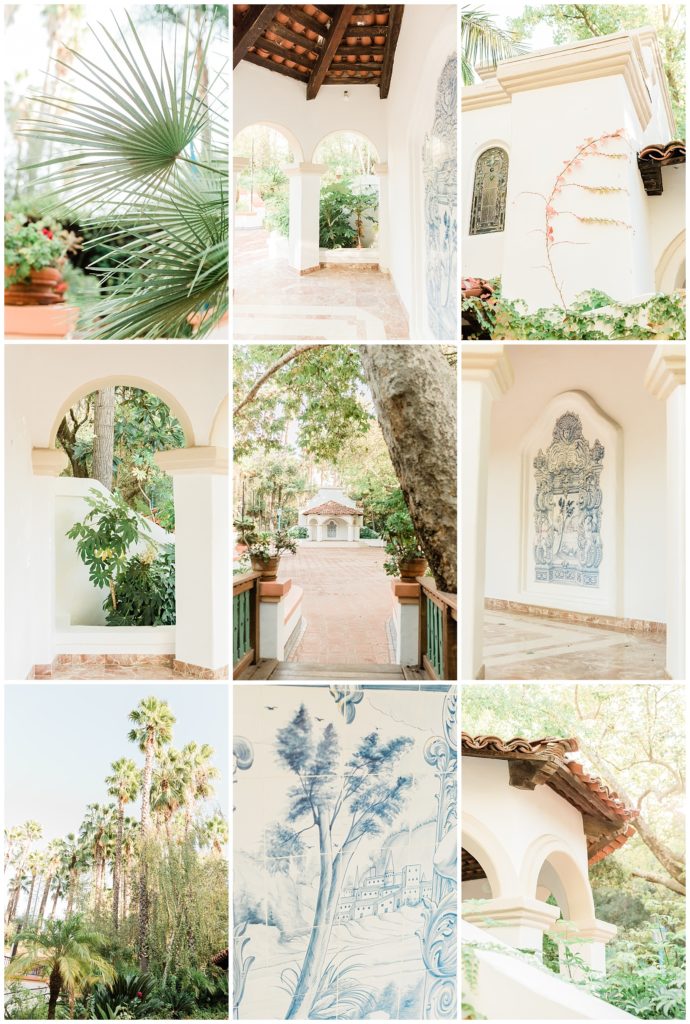 A collage of details of the El Teatro area of Rancho Las Lomas wedding venue, including window frames, a blue and white hand painted mural, palm trees, and other architectural details photographed by Orange County Wedding Photographer.