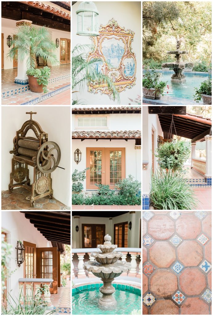 Natural and architectural details of the Grand Salon at Rancho Las Lomas wedding venue in Southern California, including a fountain, hand-painted mural, hand painted tiles, French doors and antiques.