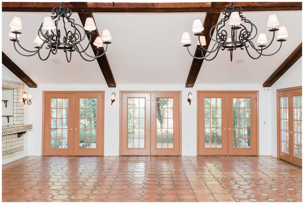 Interior view of the Grand Salon French doors at Rancho Las Lomas Orange County wedding venue.