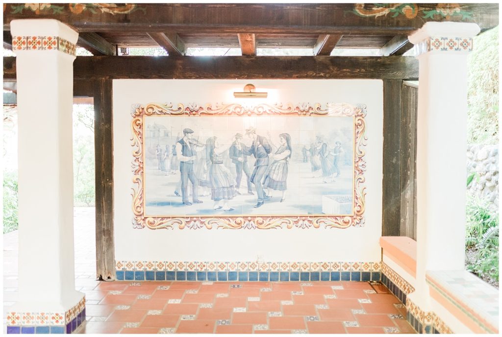 Blue and white hand-painted Portuguese mural at Rancho Las Lomas wedding venue in Orange County, Southern California.
