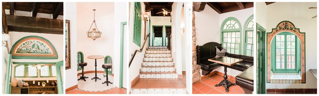 Hand painted window & door frames, seating areas, and stair case inside Rick's Cafe at Rancho Las Lomas wedding venue in Southern California.