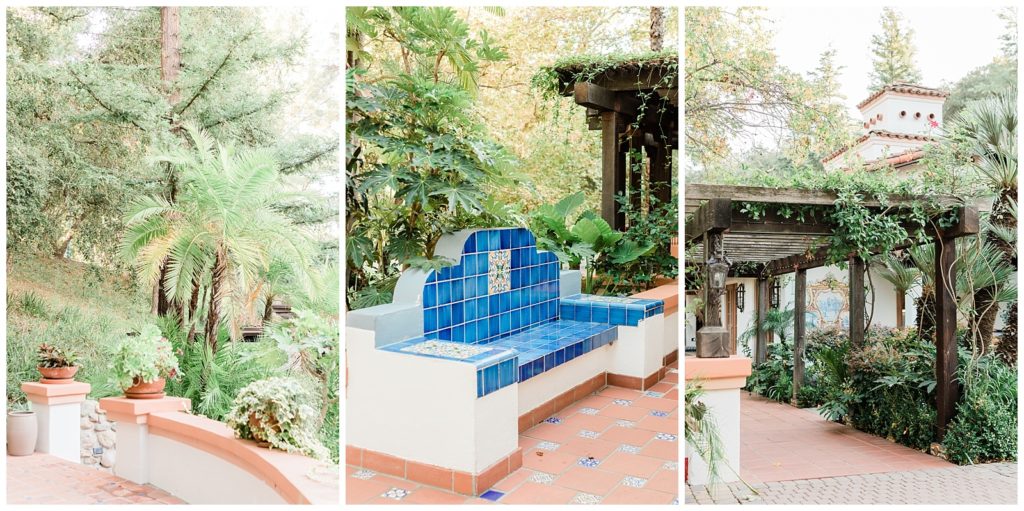 A deep vibrant blue painted tile bench sits near a wooden pergola at Rancho Las Lomas wedding venue in Southern California.