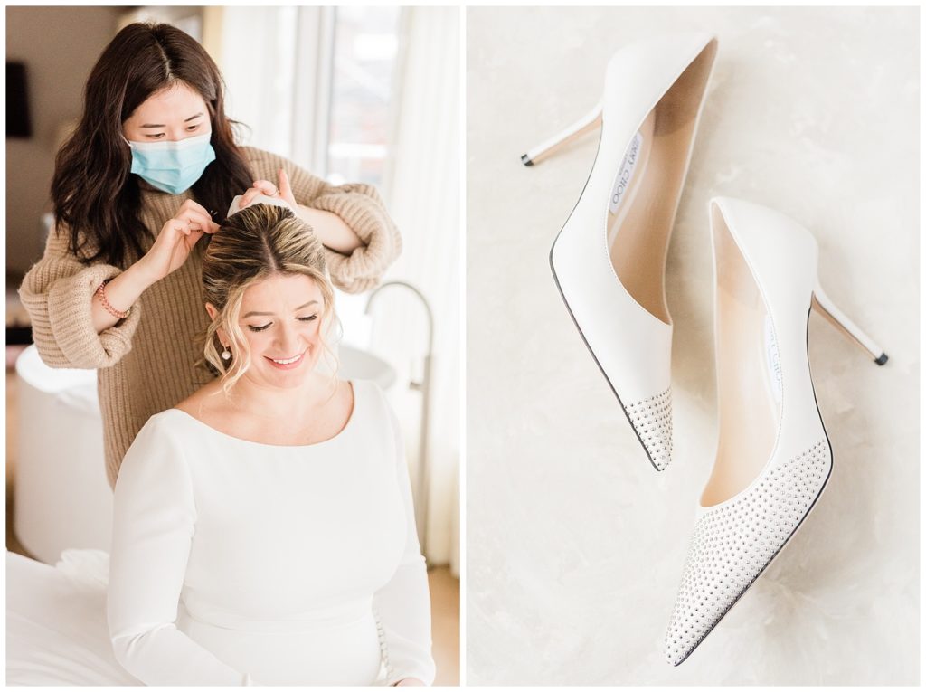 White studded Jimmy Choo heels for a bride at her Roundhouse Hotel winter wedding.