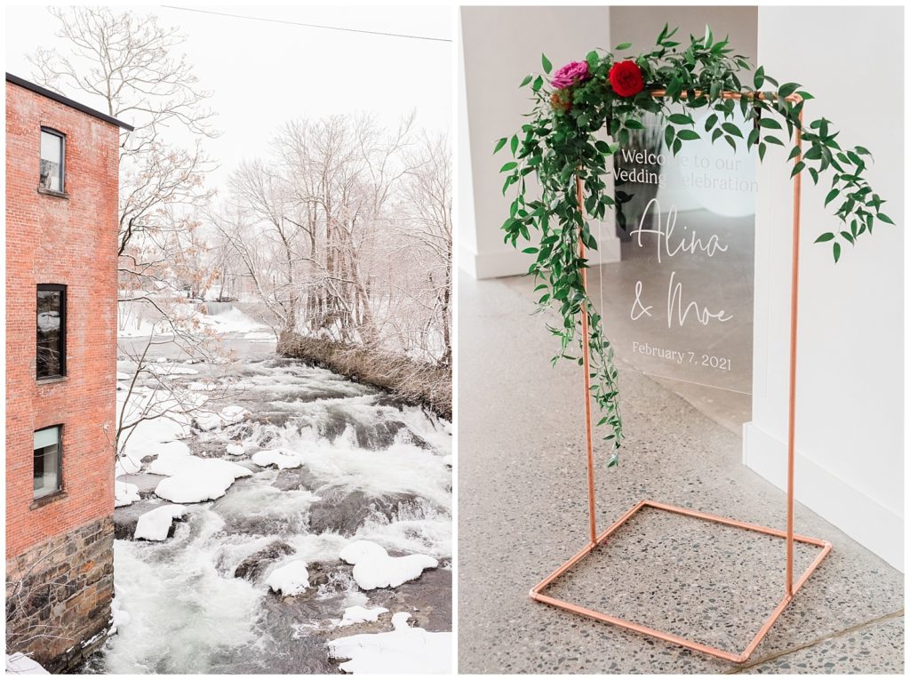 Clear acrylic welcome signage displayed at a winter wedding at the Roundhouse Hotel in Beacon, NY.