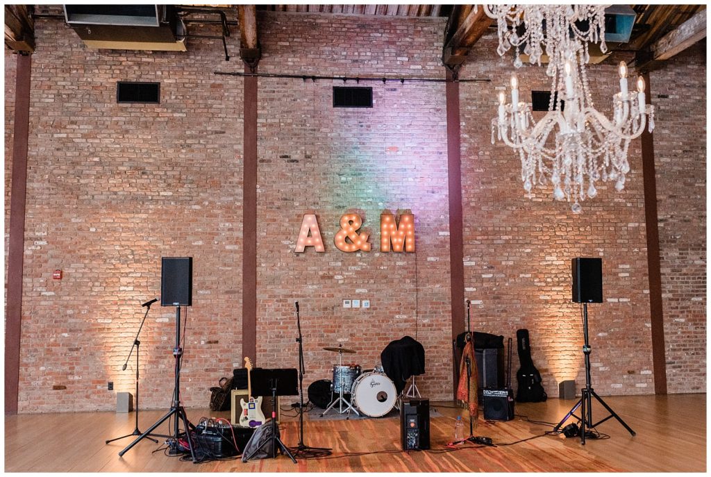 The band set up during the reception of a winter wedding at the Roundhouse Hotel in Beacon NY.