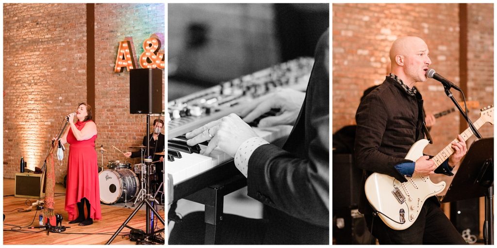 Singer singing, hands playing piano, and guitarist playing in Beacon NY at Roundhouse Hotel winter wedding inspiration.