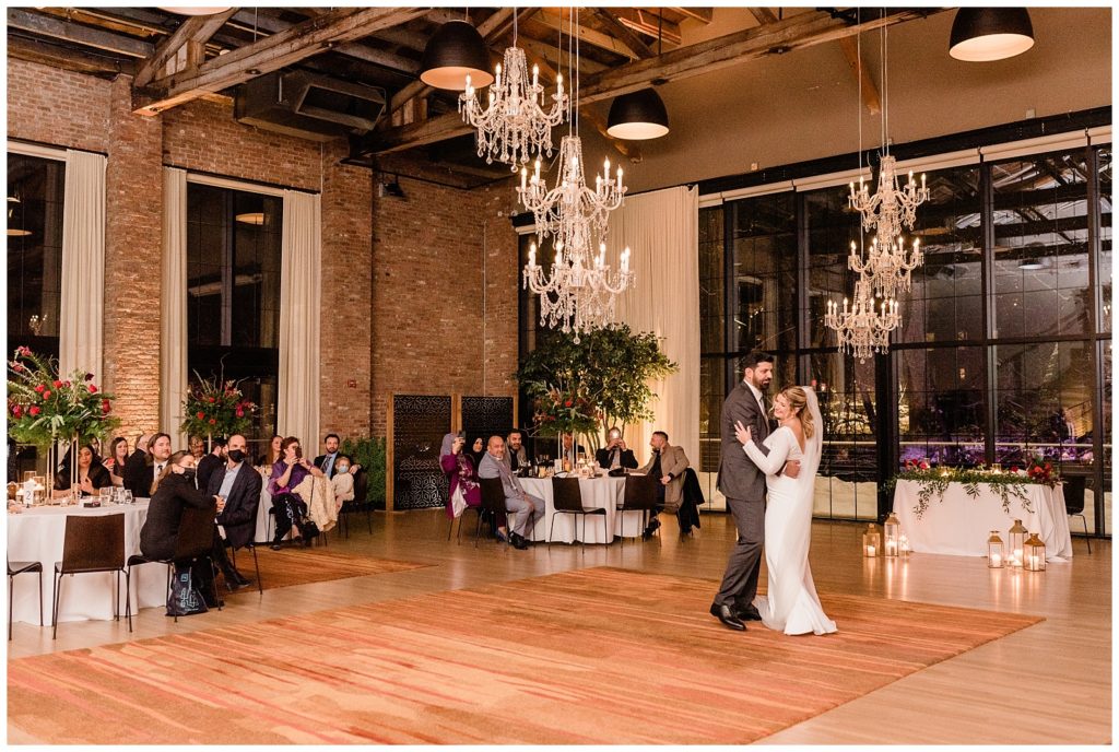 Bride and groom first dance in Beacon NY at Roundhouse Hotel winter wedding inspiration.