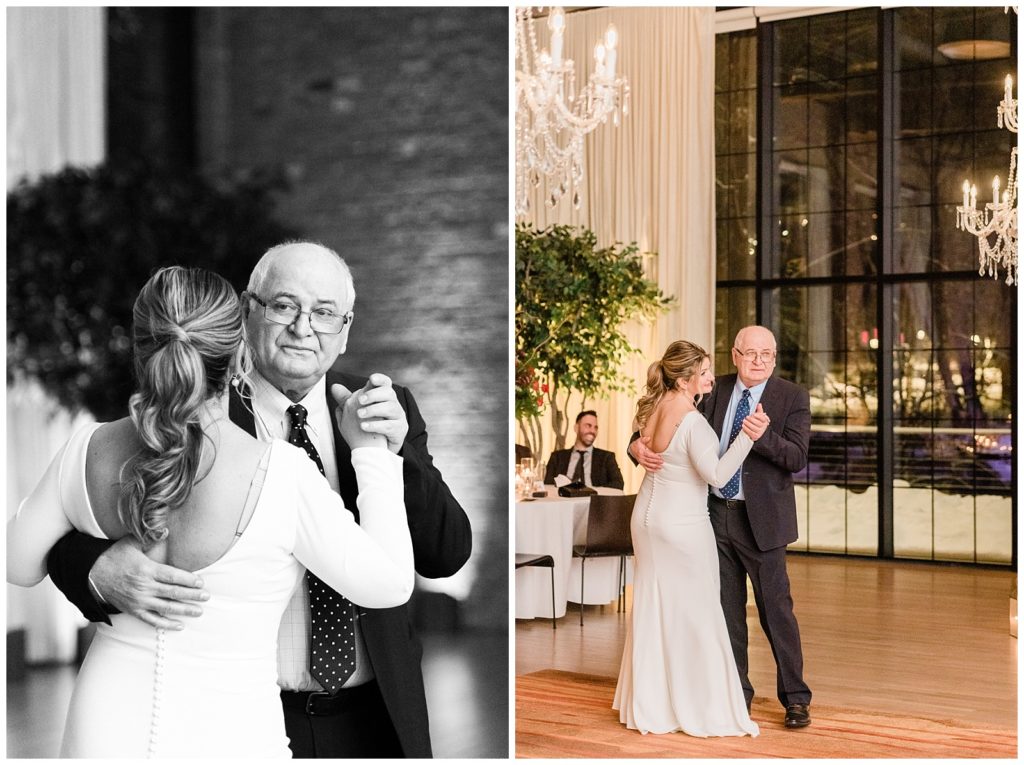 Father of the bride dances with his daughter at her winter wedding in Beacon NY at Roundhouse Hotel winter wedding inspiration.in Beacon NY at Roundhouse Hotel.