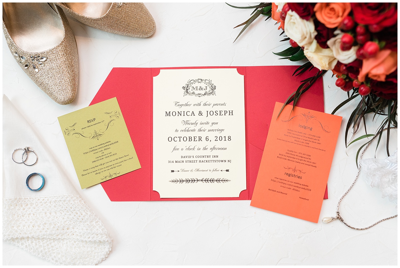 Bride Details,David's Country Inn,Fall Wedding,Hackettstown,Invitation Suite,NJ Wedding Photographer,Red,Shoes,