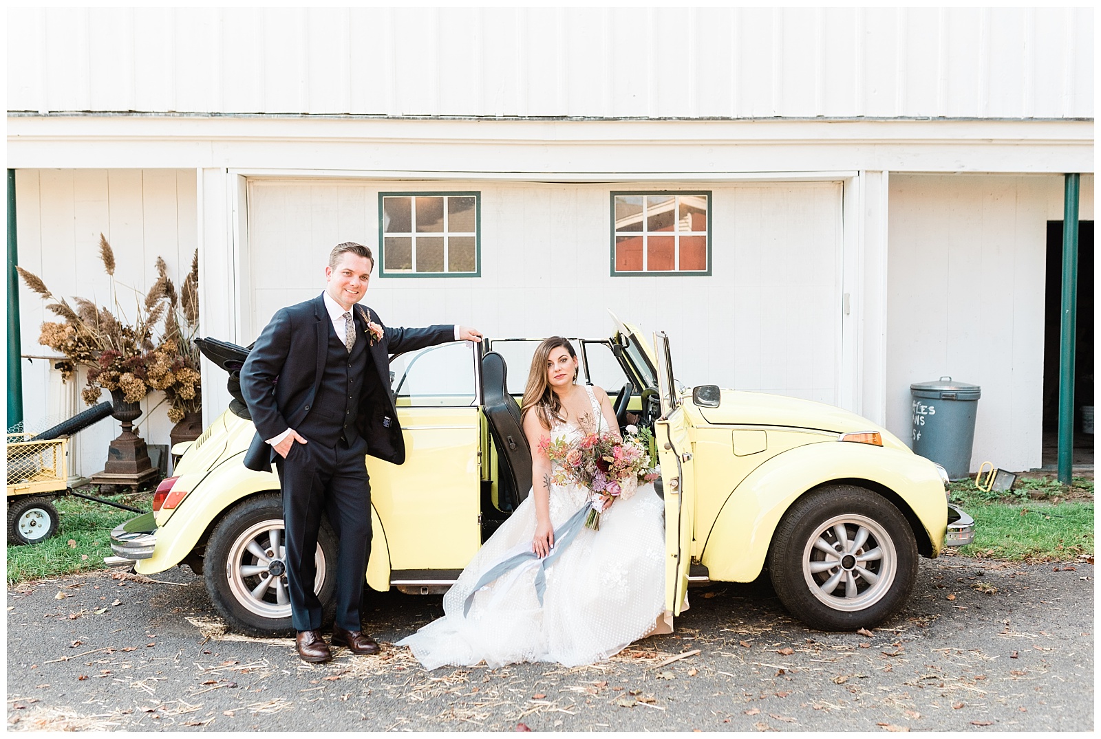 Bride & Groom Portrait,Buggy,Farm Wedding,NY,NY Wedding Photographer,Outdoor,Pioneer Farm,Unique Wedding Venues,Volkswagen,Warwick,Yellow,