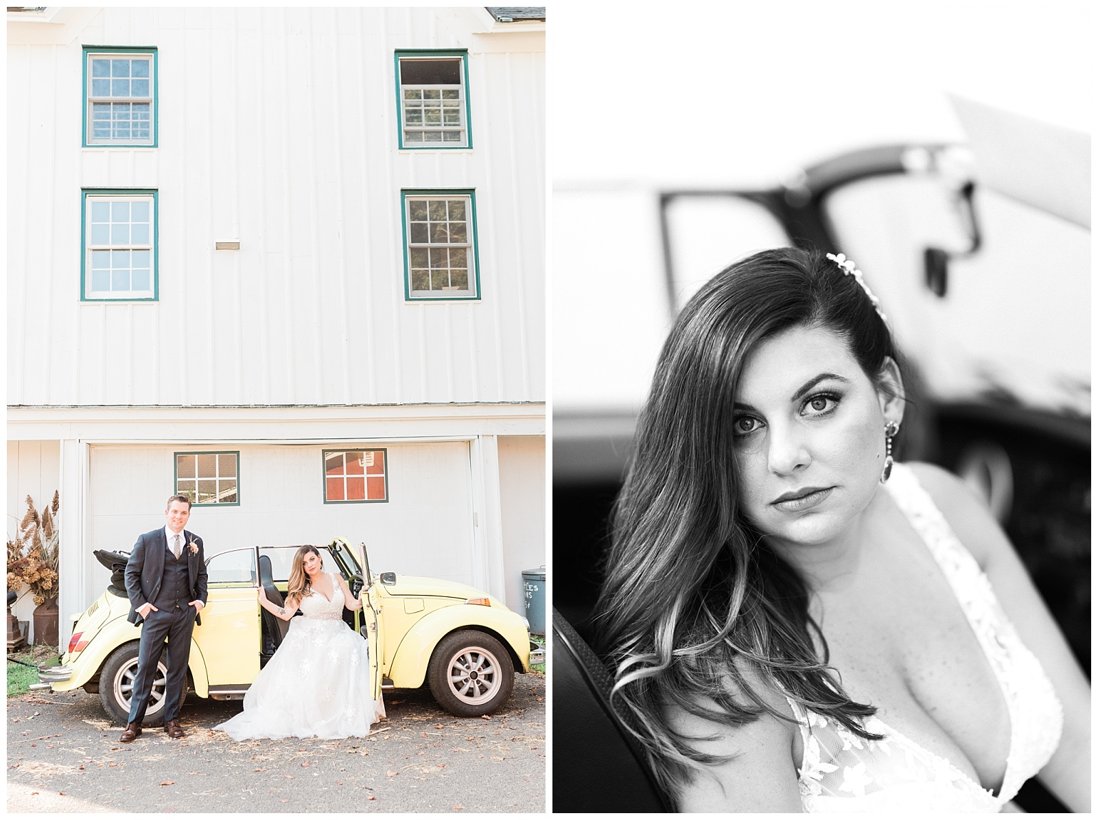 Bride & Groom Portrait,Buggy,Farm Wedding,NY,NY Wedding Photographer,Outdoor,Pioneer Farm,Unique Wedding Venues,Volkswagen,Warwick,Yellow,
