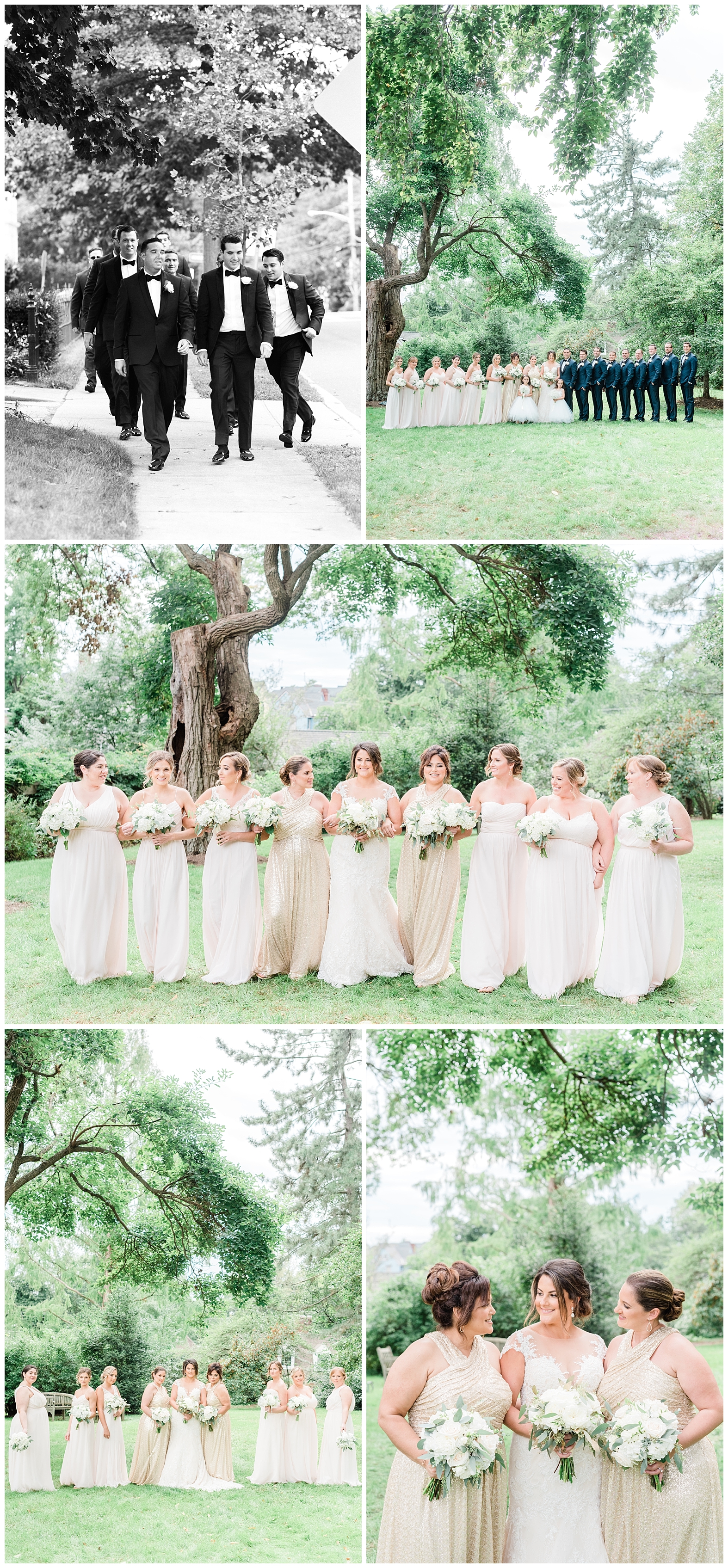 Bridal Party, Bridesmaids, Garden, Groomsmen, Morristown, New Jersey, NJ, Olde Mill Inn, Photo, Photographer, Wedding, Maid of Honor, gold, blush