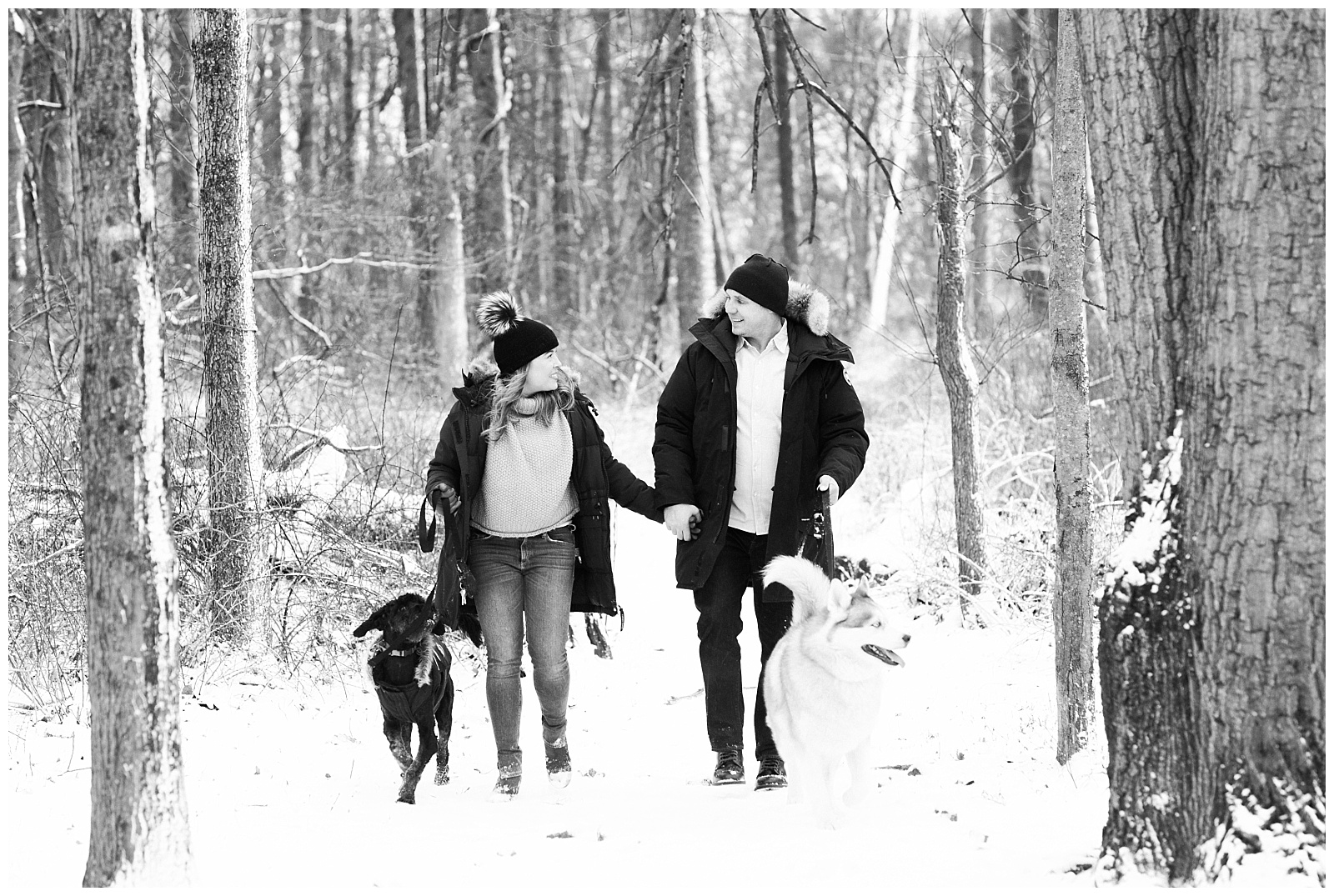 New Jersey Engagement Session, Snowy, Winter, Cozy, Session, Wedding Photographer, dogs, furbabies, husky, woods, forest