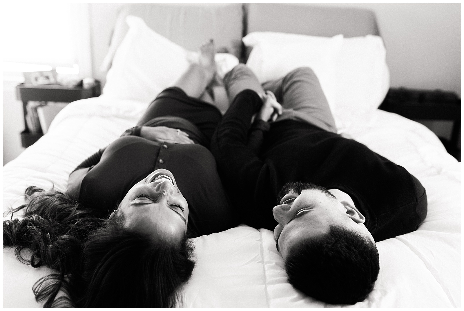 In Home Maternity Session, Nursery, Baby, New Parents, Maternity Shoot, Pregnant, Pregnancy Photos, New Jersey, Photographer, Baby Boy, Bed, Lay down, black and white, Photo