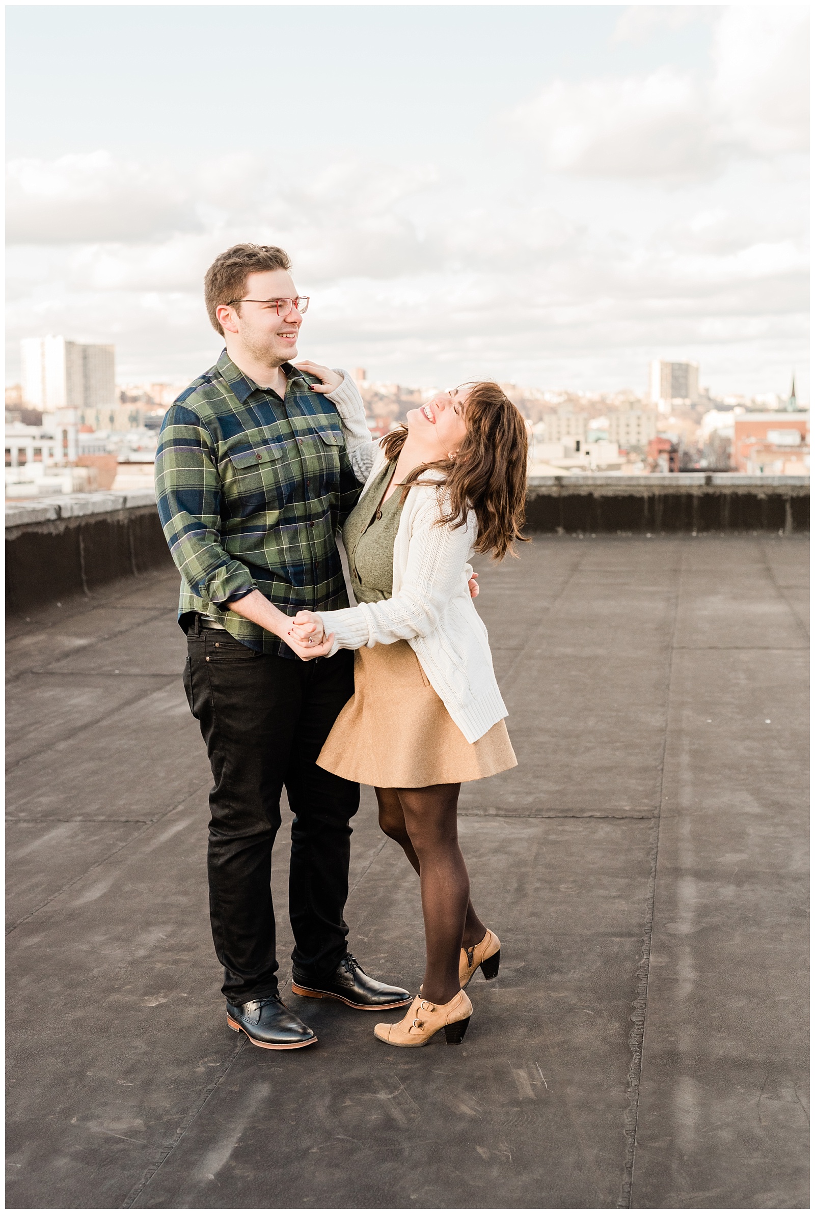 Hoboken, NJ, New Jersey, Rooftop, Engagement Session, Urban, City, Golden Hour, Dancing, Laughter, Laughing