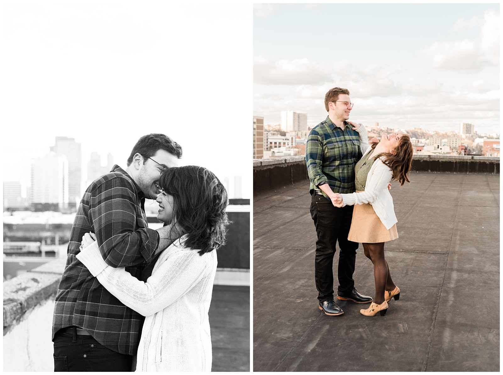 Hoboken, NJ, New Jersey, Rooftop, Engagement Session, Urban, City, Golden Hour, City, Skyline, Laughing