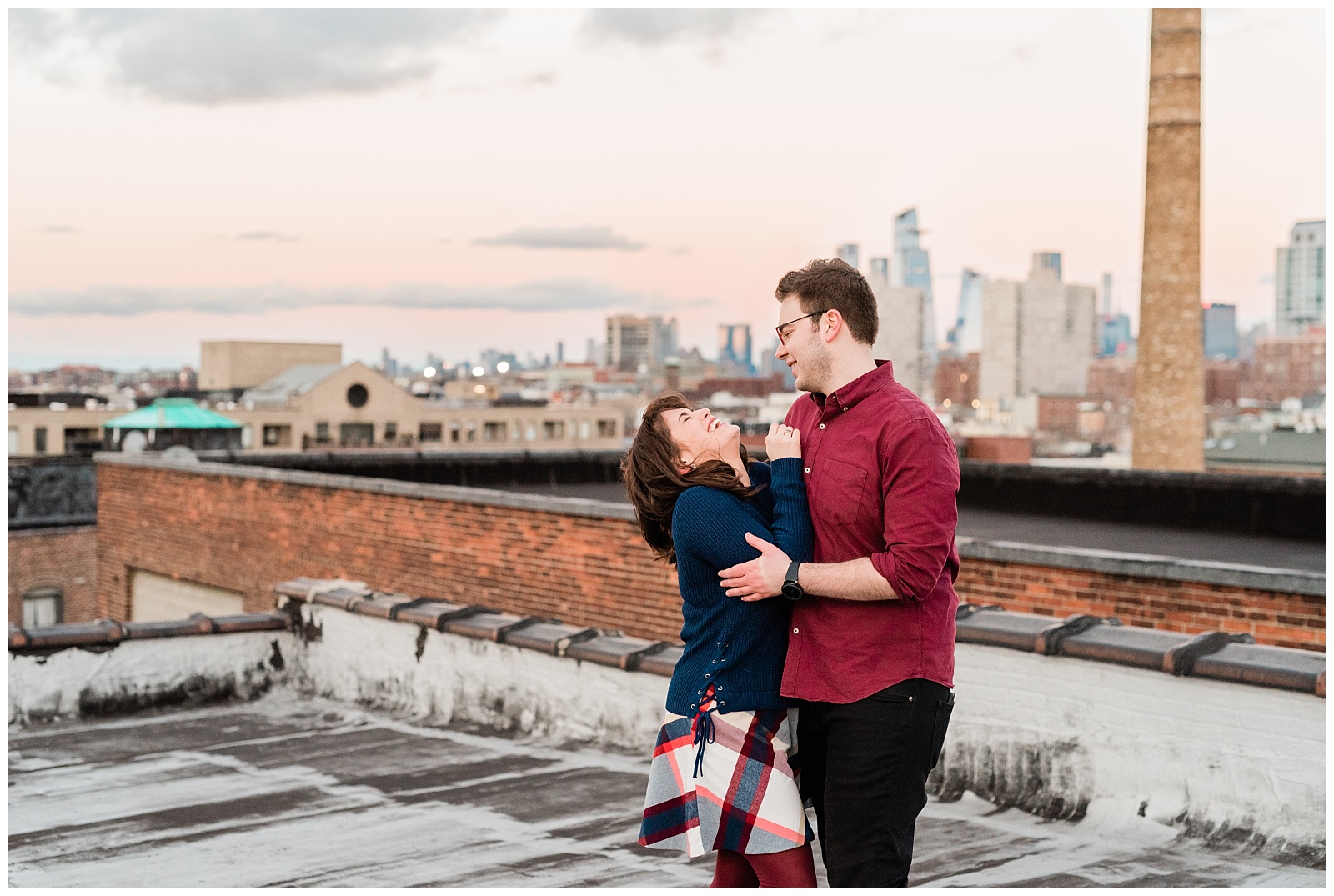 Hoboken, NJ, New Jersey, Rooftop, Engagement Session, Urban, City, Golden Hour, City, Skyline, Sunset, In Love, Romantic, Laughter