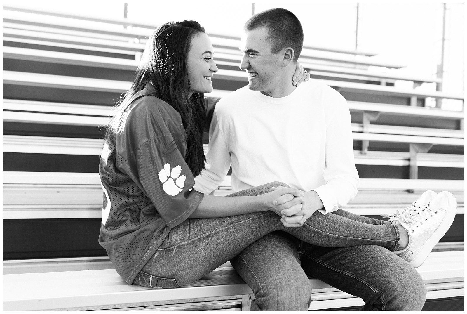 New Jersey, Engagement Session, Wedding Photographer, NFL, Coach, LA Chargers, Football, Athletic, Sporty, Jersey, Black and White, Bleachers