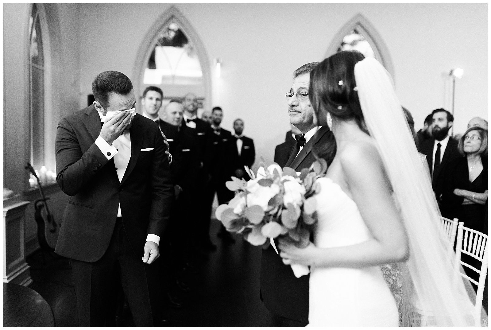 Park Chateau Wedding, Photographer, New Jersey, NJ, Winter, Chapel, Ceremony, Hand off, Groom Reaction