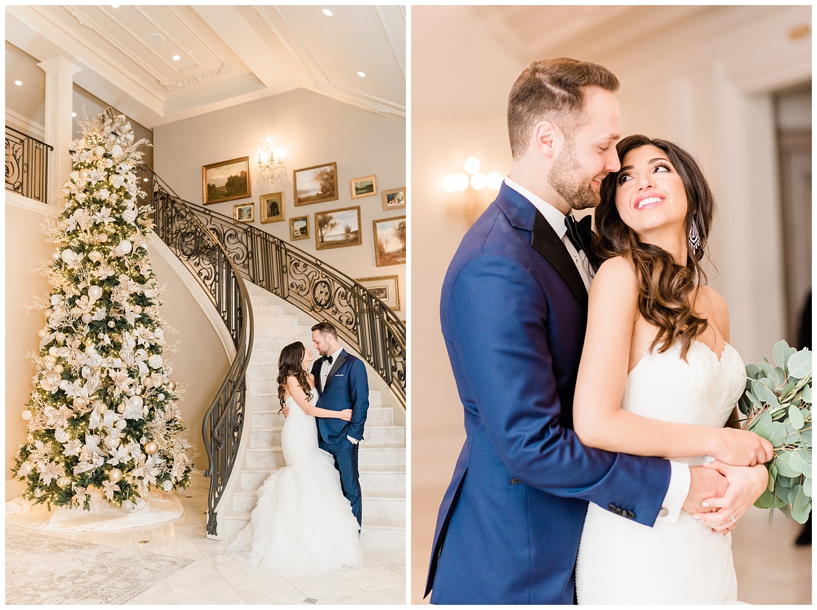 Park Chateau Wedding, Photographer, New Jersey, NJ, Winter, Bride and Groom Portraits, Light and Airy, Christmas Tree, Staircase