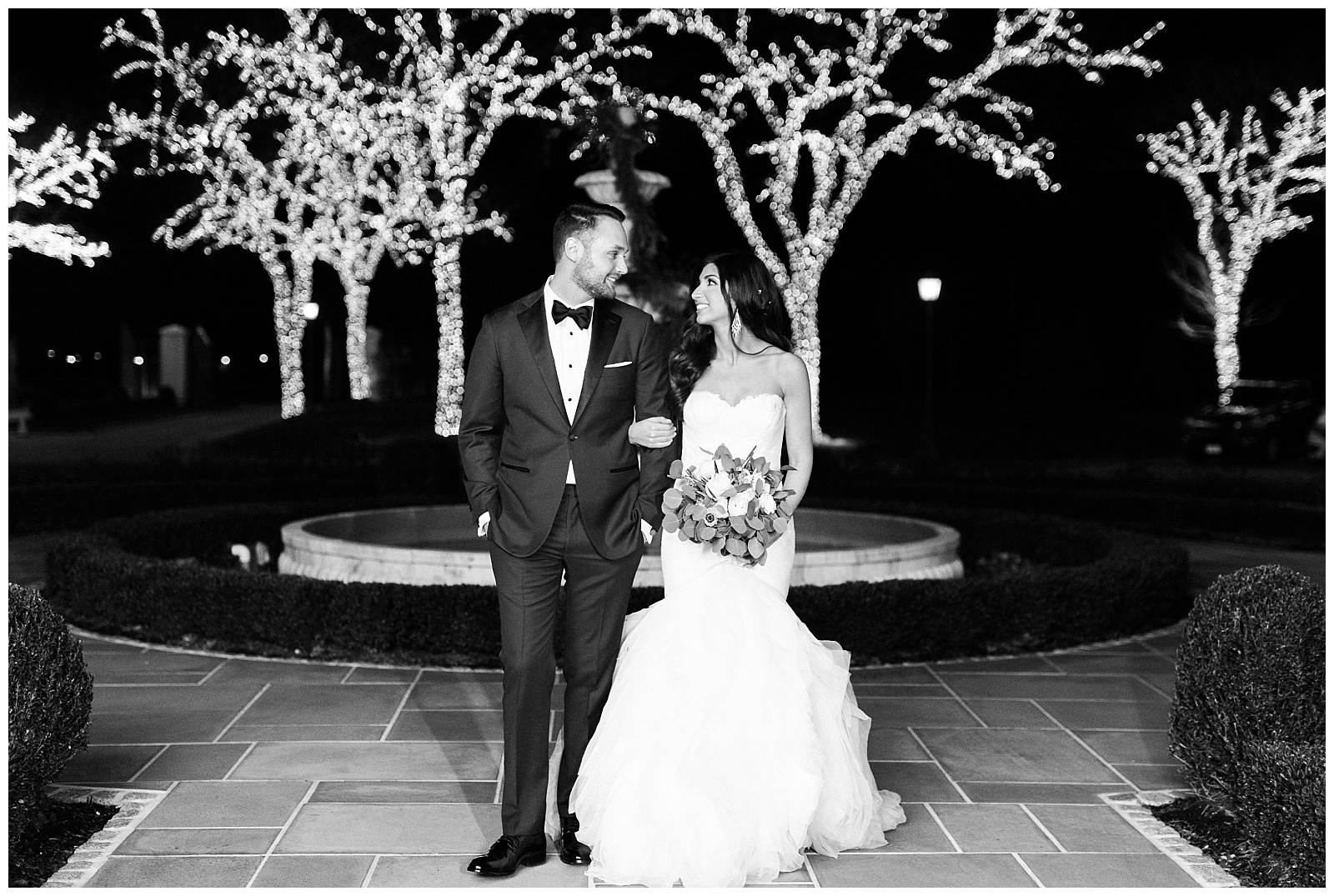 Park Chateau Wedding, Photographer, New Jersey, NJ, Winter, Bride and Groom Portraits, Nighttime, Outdoor, Bokeh, Lights, Festive, Black and white