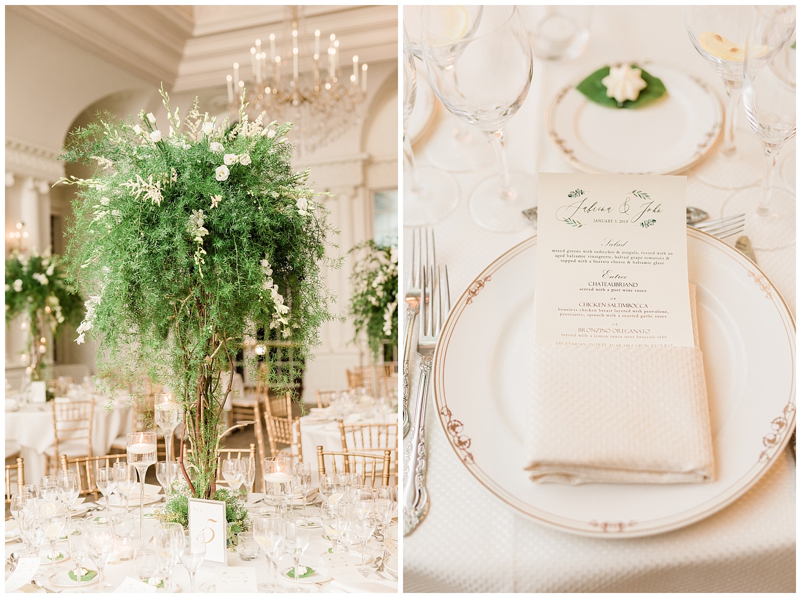 Park Chateau Wedding, Photographer, New Jersey, NJ, Winter, Reception Details, Ballroom, Centerpieces, Place Settings, Menu, Light and Airy