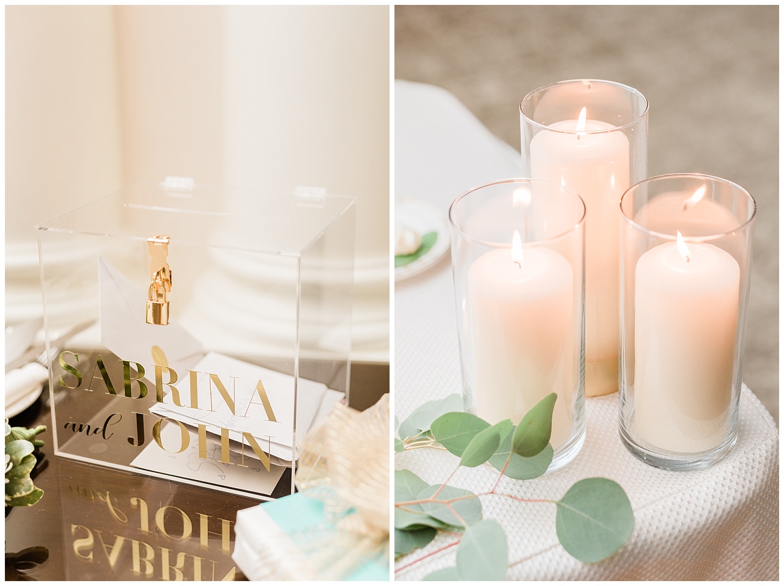Park Chateau Wedding, Photographer, New Jersey, NJ, Winter, Reception Details, Ballroom, Light and Airy, Candles, Card Box, Eucalyptus