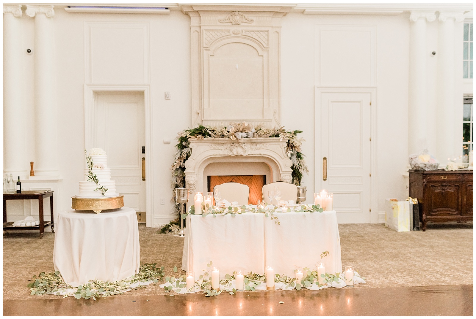 Park Chateau Wedding, Photographer, New Jersey, NJ, Winter, Reception Details, Ballroom, Light and Airy, Sweetheart Table, Cake, Candlelight