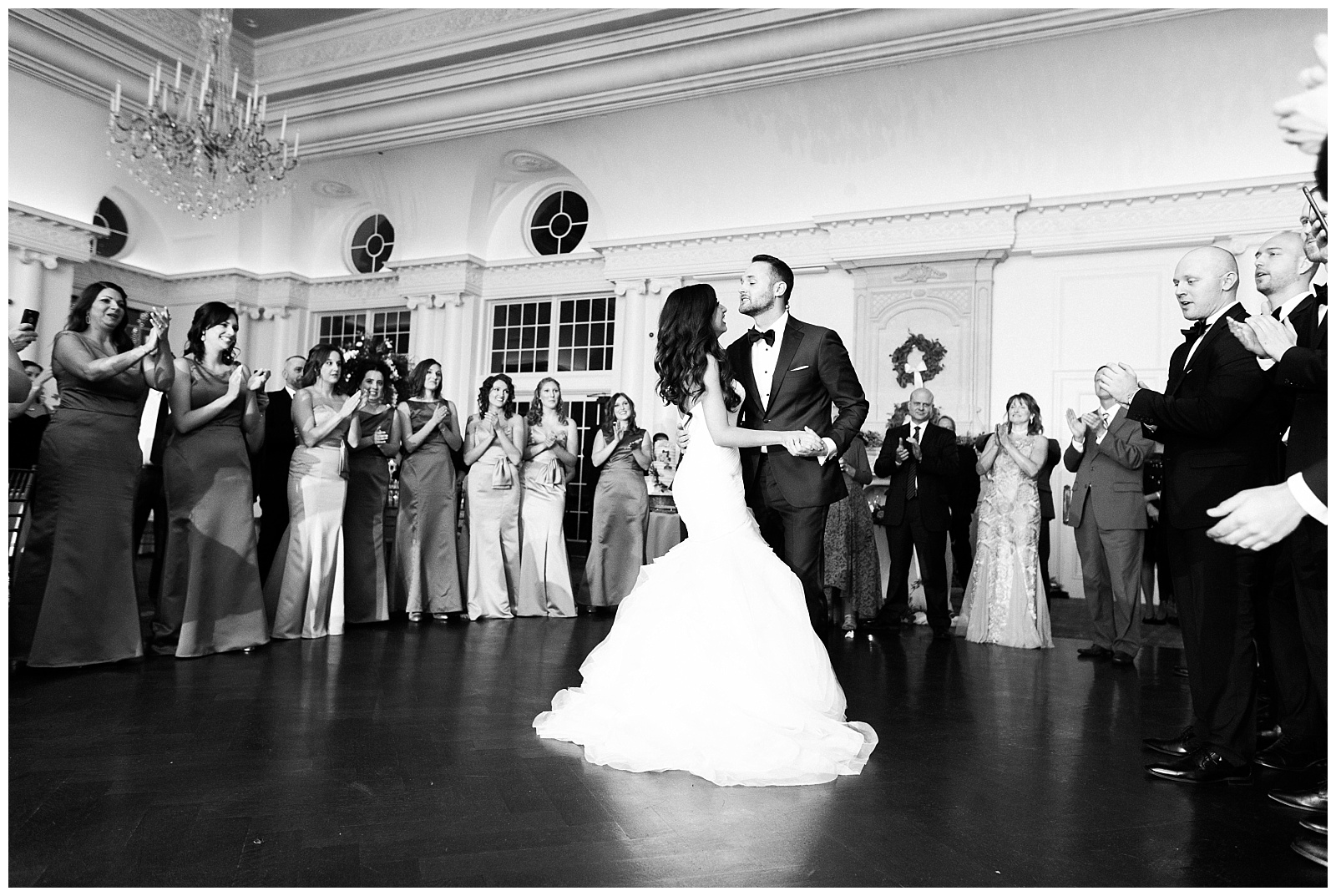 Park Chateau Wedding, Photographer, New Jersey, NJ, Winter, Reception, Ballroom, First Dance, Bride and Groom, Black and White