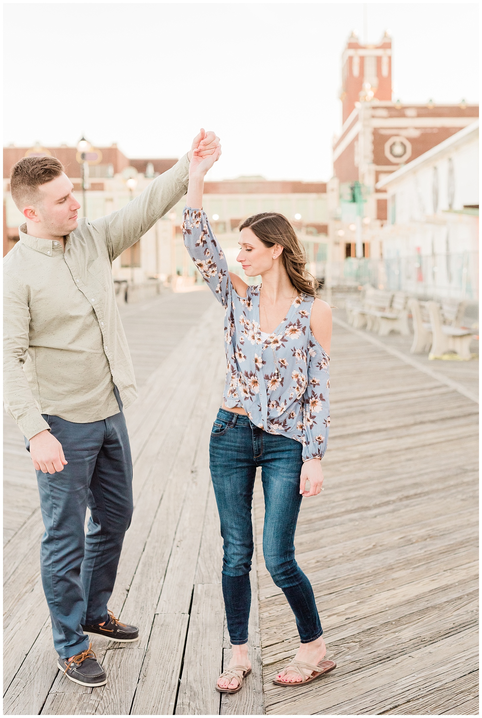 New Jersey, Engagement Session, Asbury Park, NJ, Wedding Photographer, Springtime, Boardwalk, Light and Airy, Golden Hour, Dancing