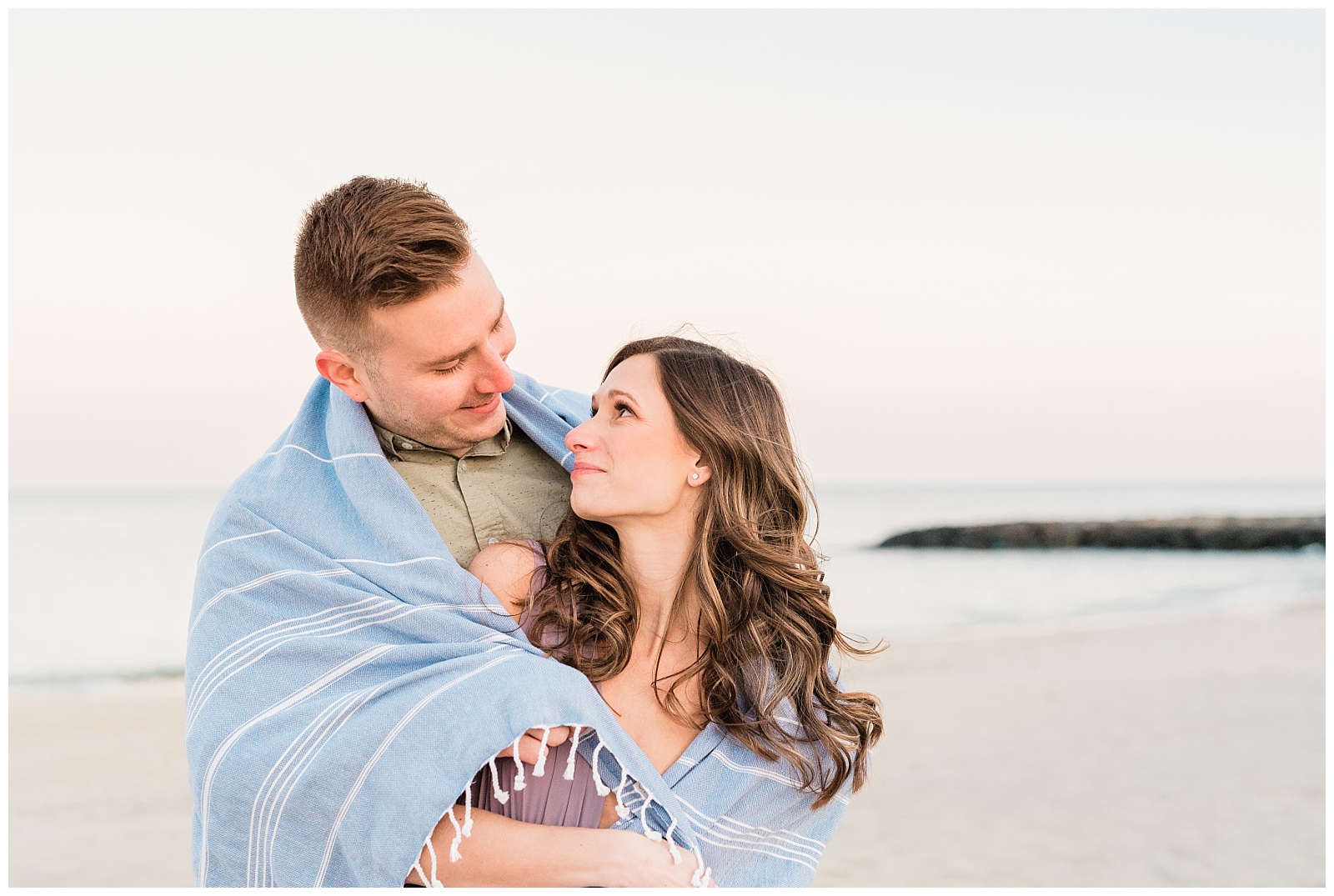 New Jersey, Engagement Session, Asbury Park, NJ, Wedding Photographer, Springtime, Light and Airy, Golden Hour, Beach, Blanket, Wrapped Up