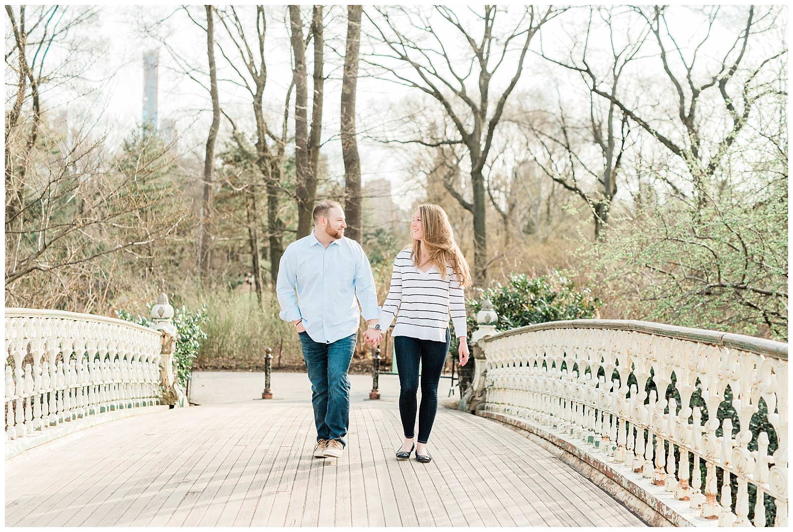 Central Park, NYC engagement session, springtime, wedding photographer, New York, bridge, walking