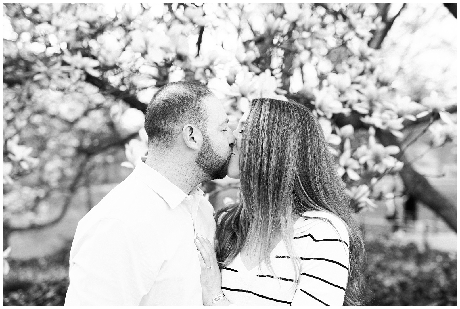 Central Park, NYC engagement session, springtime, wedding photographer, New York, black and white, blooming