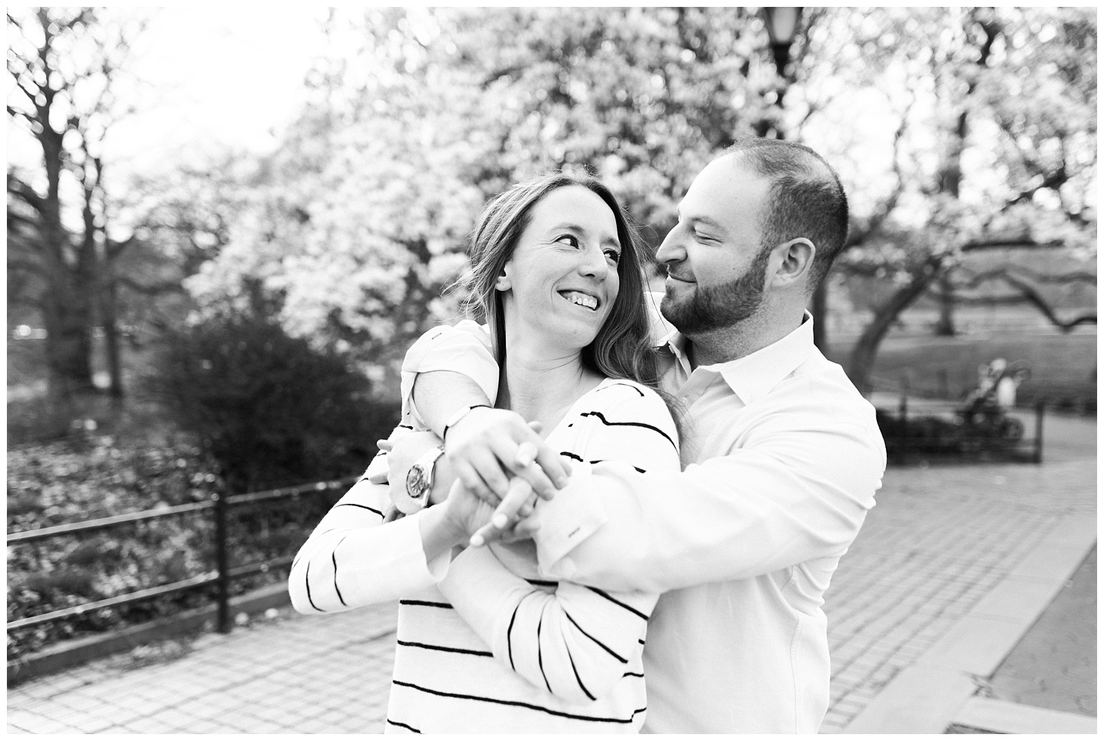 Central Park, NYC engagement session, springtime, wedding photographer, New York, black and white
