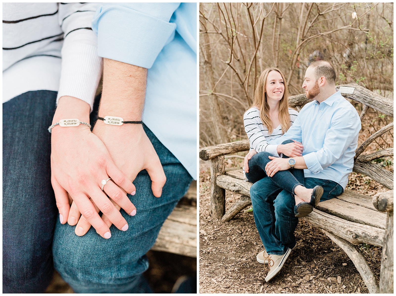 Central Park, NYC engagement session, springtime, wedding photographer, New York, hands, bracelet, coordinates, engaged