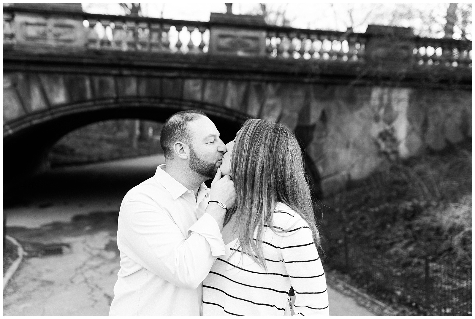 Central Park, NYC engagement session, springtime, wedding photographer, New York, black and white, bridge