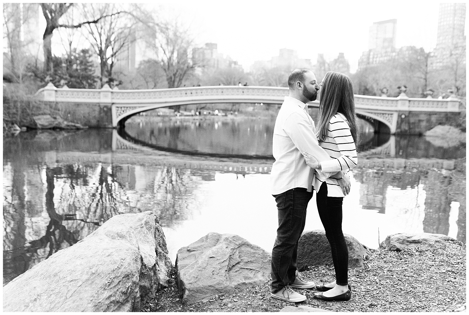 Central Park, NYC engagement session, springtime, wedding photographer, New York, black and white, bow bridge