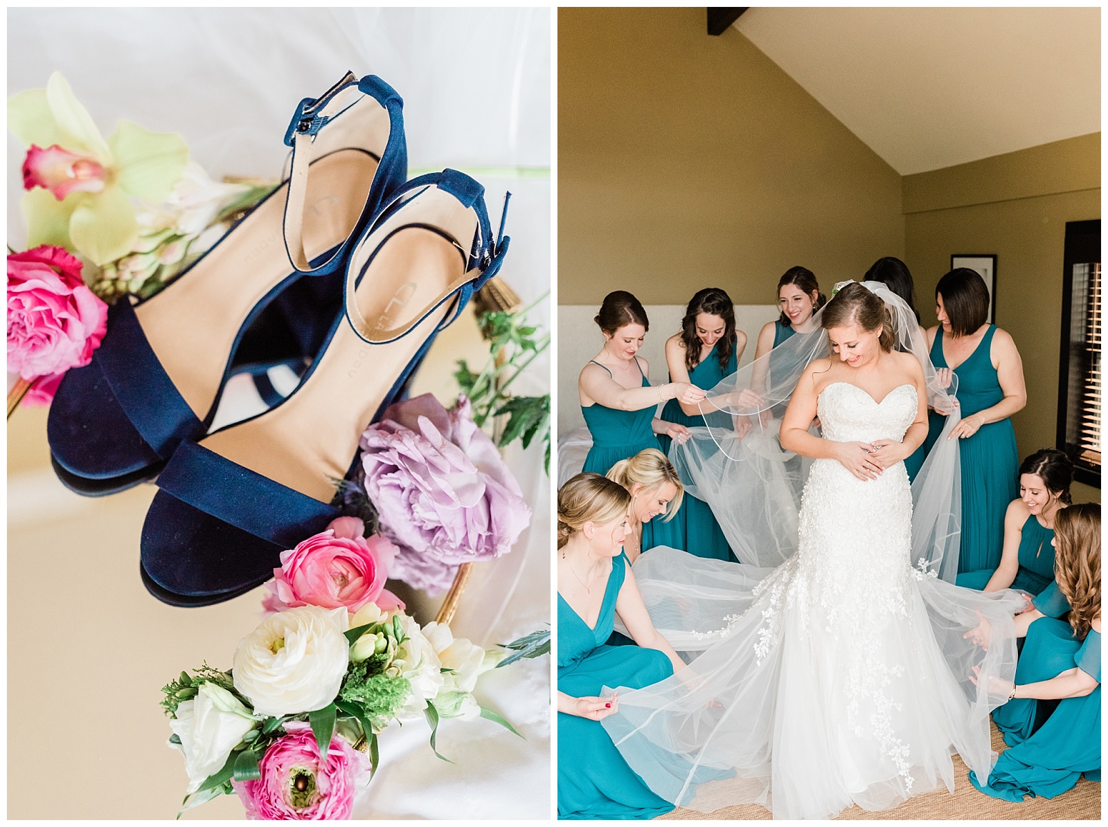 Wedding shoes and florals next to bridesmaids helping the bride with her wedding gown.