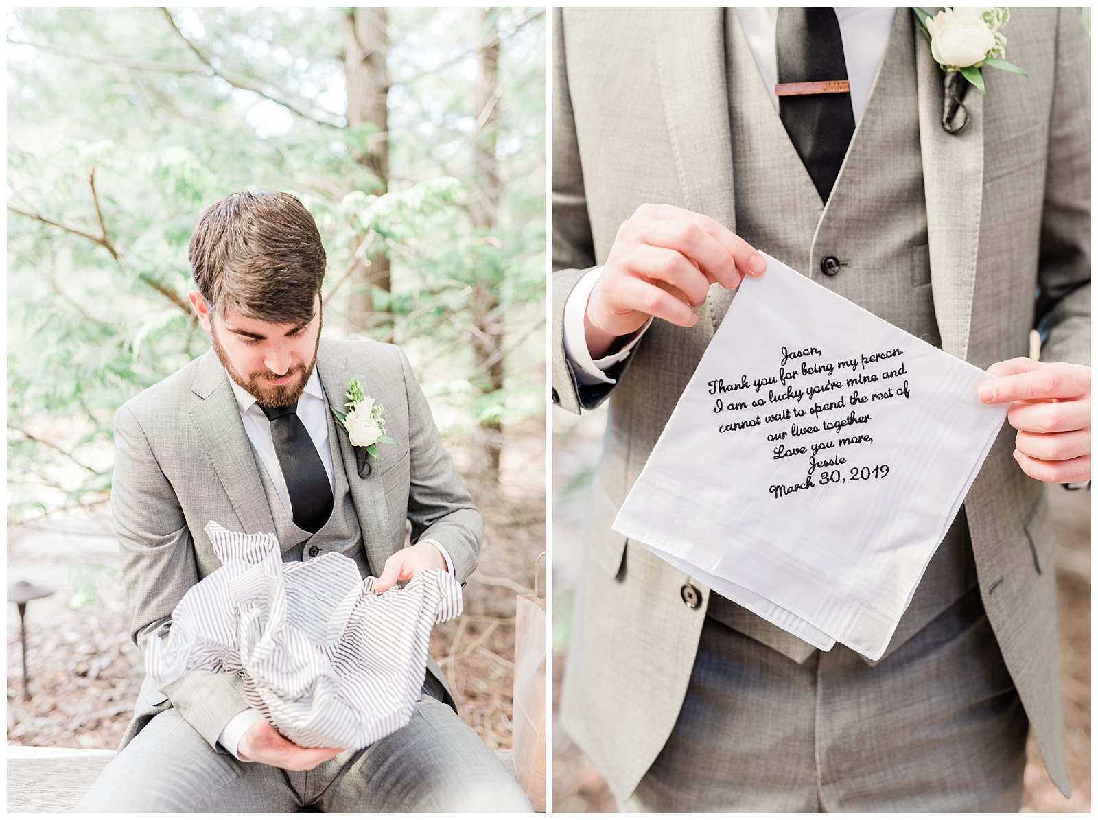 Groom opens gift from the bride, showing an embroidered handkerchief with a love note.