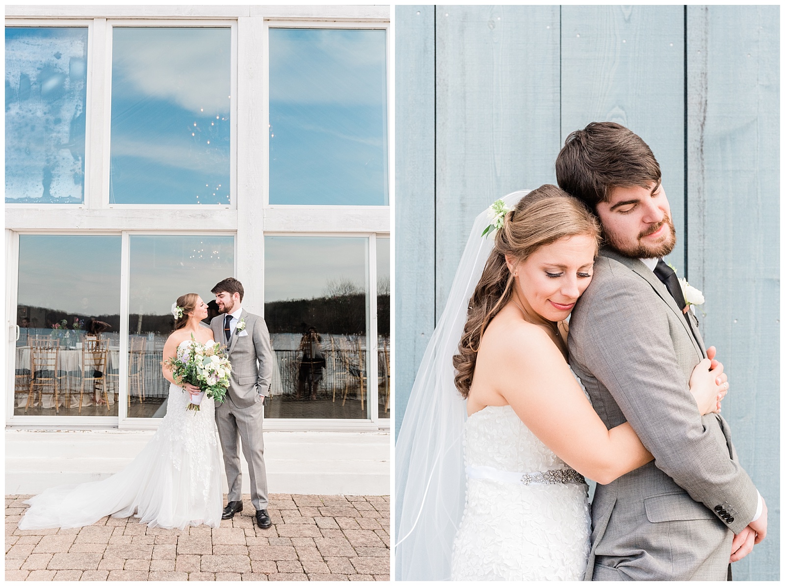 Bride and groom holding onto each other outside the reception room at the Lake House Inn wedding venue.