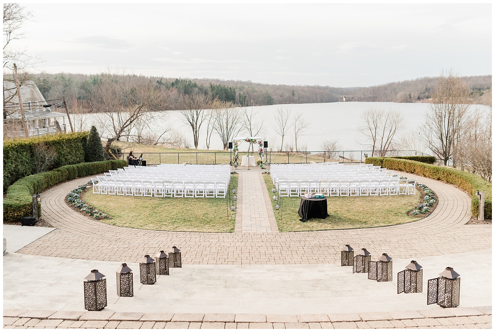 Wedding ceremony set up at The Lake House Inn in Perkasie, PA.
