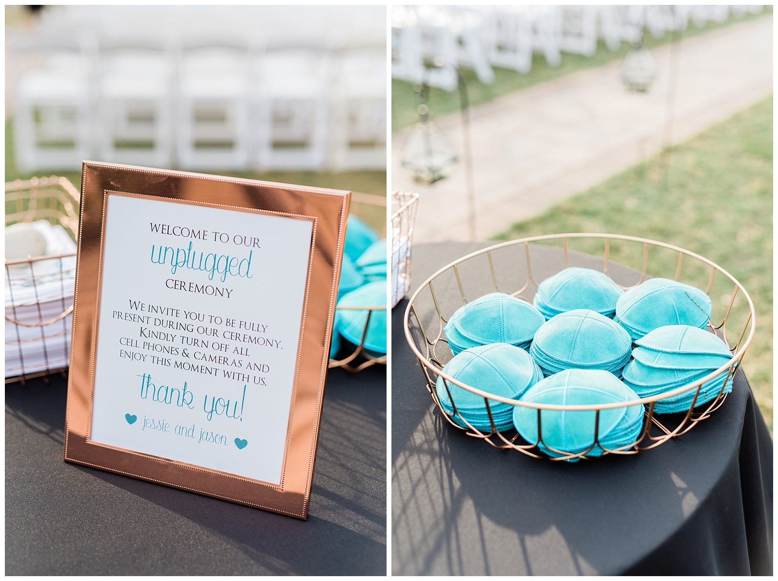 Jewish wedding ceremony details of an unplugged ceremony sign, and basket of teal yarmulke.