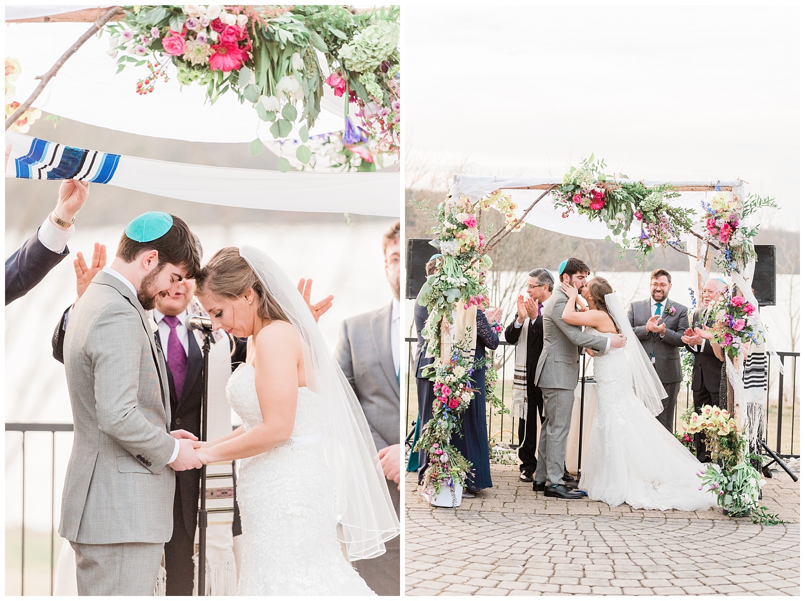 Jewish wedding ceremony under the chuppah, bride and groom pray together and have first kiss.