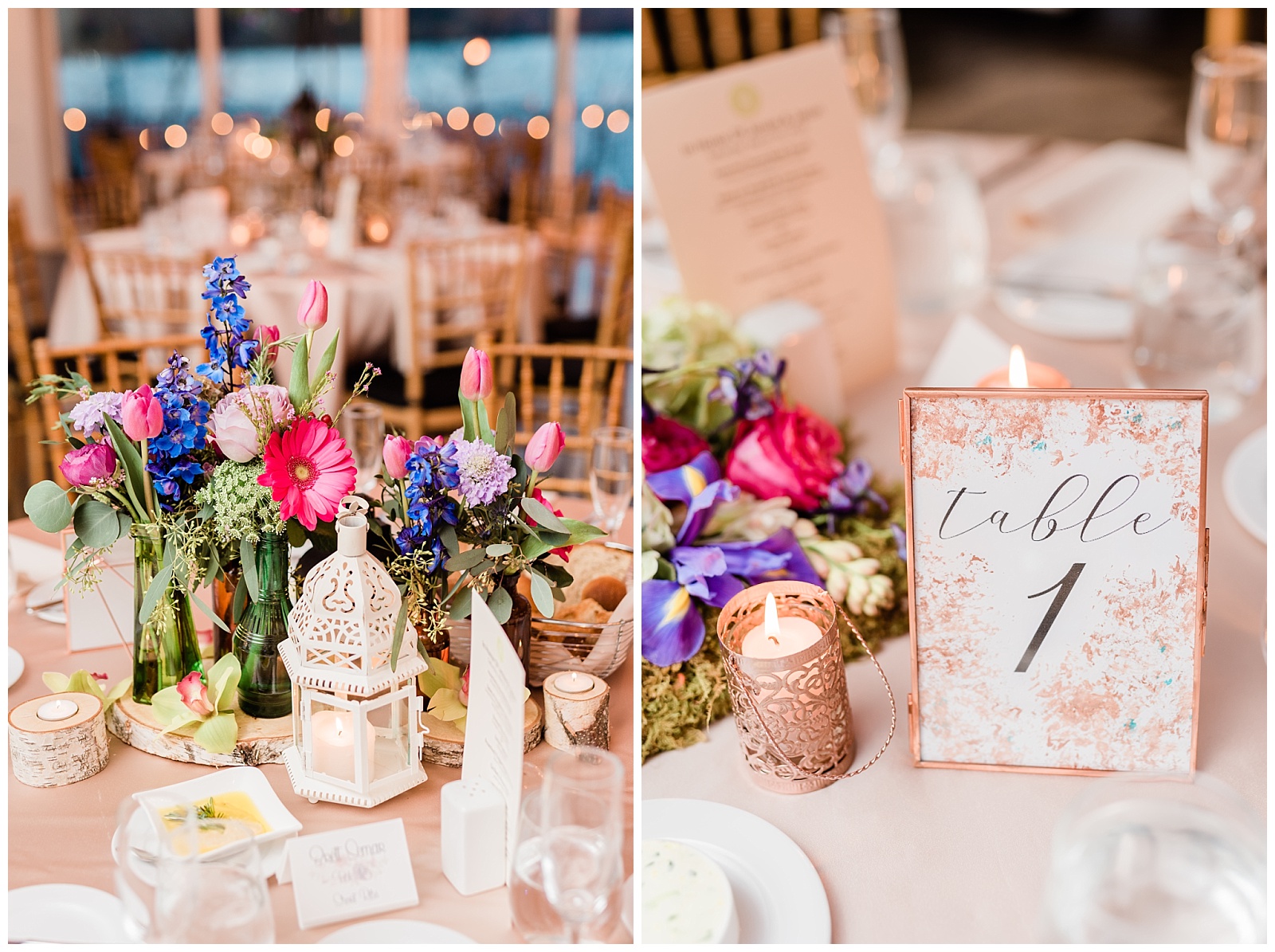 Floral centerpieces with white lanterns and printed table numbers.